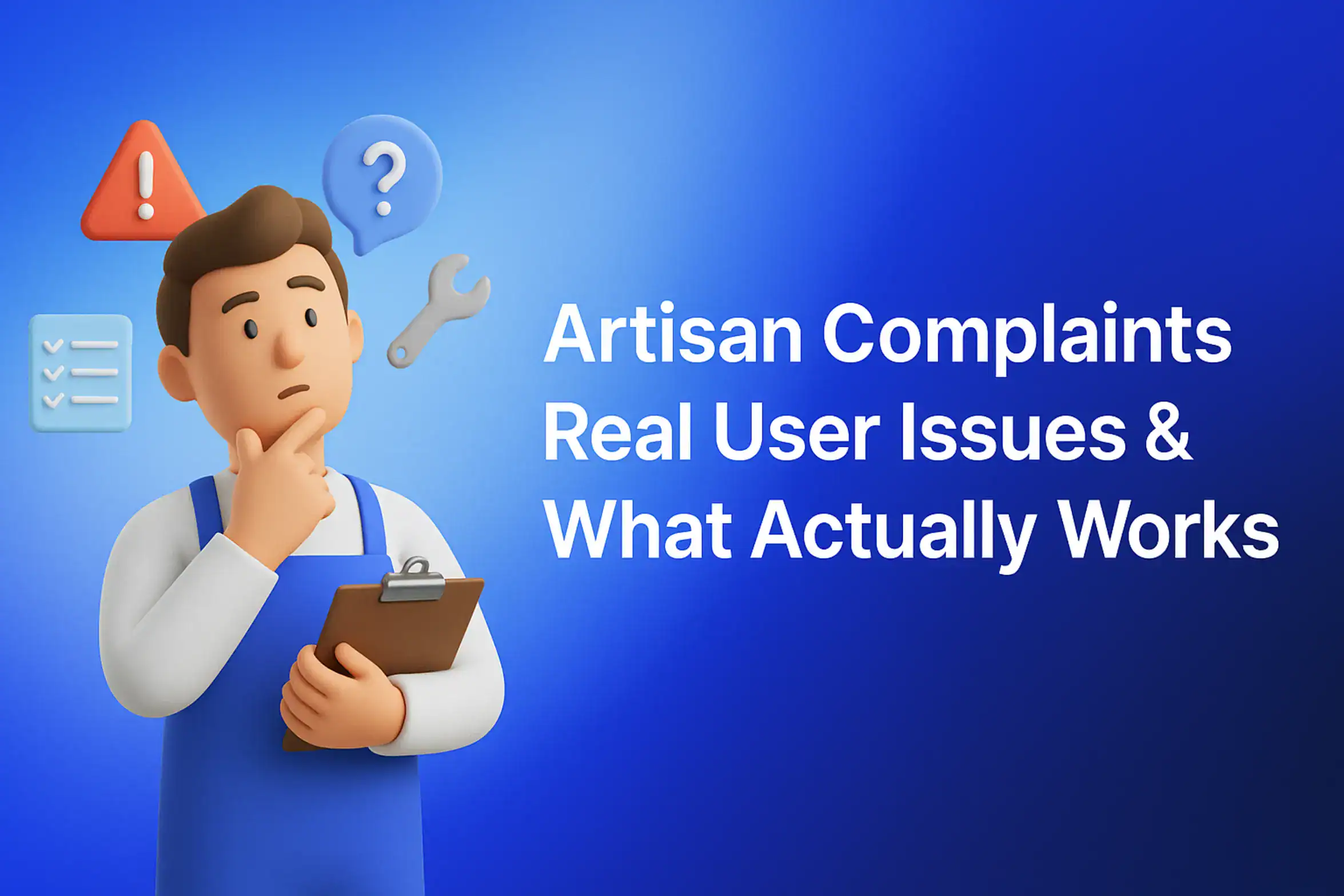 "Artisan Complaints: Real User Issues & What Actually Works - 2560x1440px, large white headline (72-80px bold) centered with ample padding, an illustration of a thoughtful 3D character on left holding a clipboard, surrounded by floating complaint icons (exclamation mark, question mark, wrench, and checklist) representing user issues, soft gradient background with shades blending #3657D5 royal blue, light sky blue, and deep navy tones, clean minimal design, dreamy atmospheric aesthetic, apply 80px padding from all sides, NOT transparent --ar 16:9"