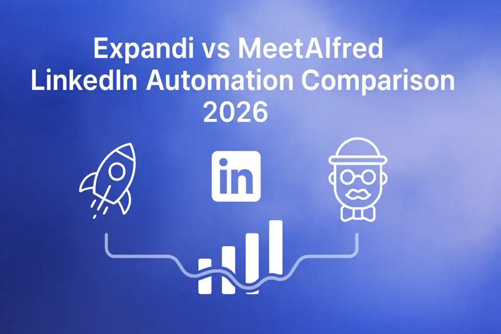 "Expandi vs MeetAlfred - 2560x1440px, bold white headline (72-80px) 'Expandi vs MeetAlfred LinkedIn Automation Comparison 2026' centered in the upper third of the image, below the headline, place two minimalistic line art style icons representing Expandi and MeetAlfred on either side, separated by a central simple LinkedIn icon, create a subtle comparative chart or abstract elements connecting the two icons for visual comparison, soft cloudy gradient background blending #3657D5 along with light tones of periwinkle (#A8BCFF) and deep navy, maintain a dreamy atmospheric aesthetic with 80px padding from all sides, NOT transparent, clean and professional composition --ar 16:9"