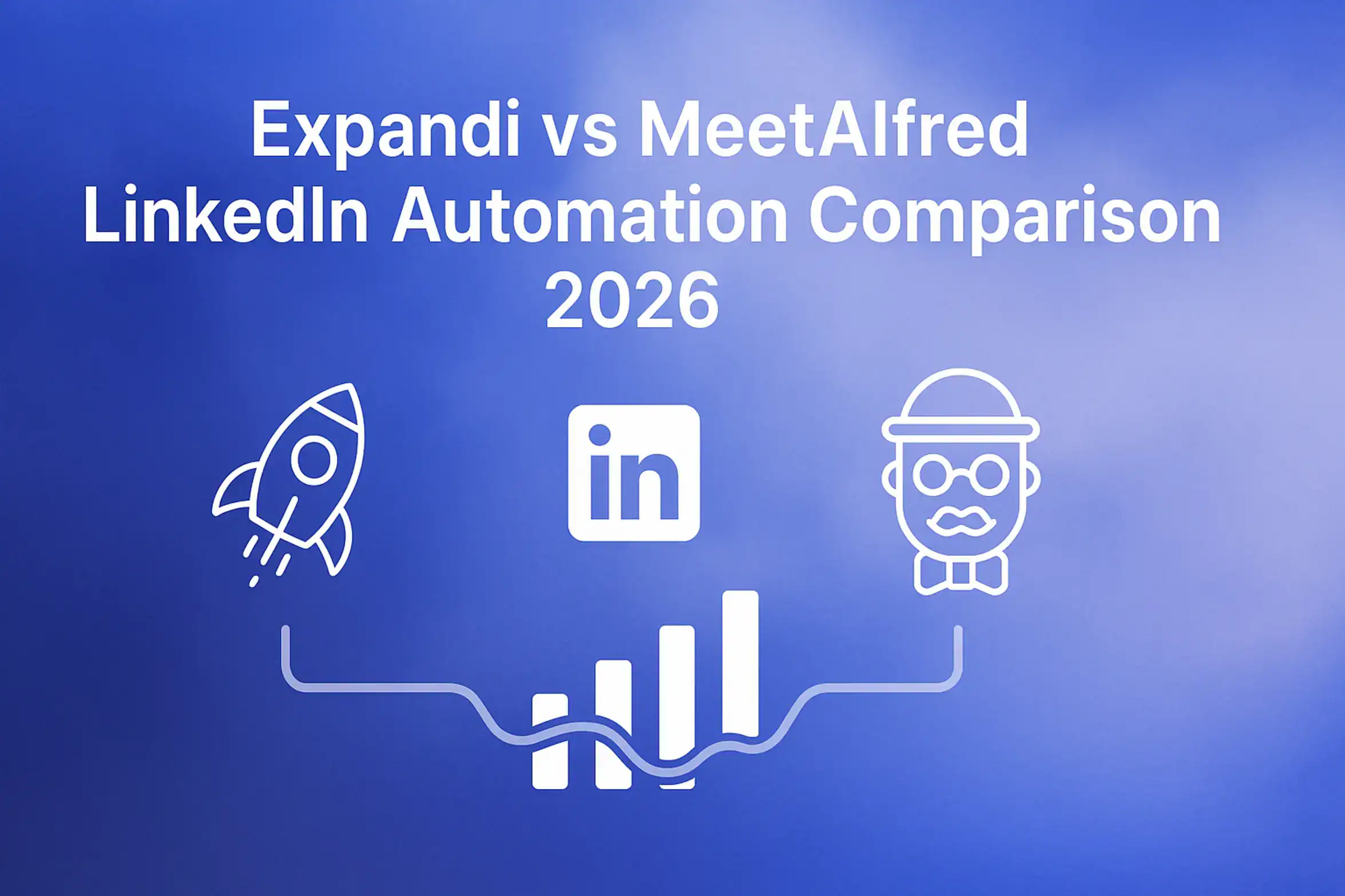 "Expandi vs MeetAlfred - 2560x1440px, bold white headline (72-80px) 'Expandi vs MeetAlfred LinkedIn Automation Comparison 2026' centered in the upper third of the image, below the headline, place two minimalistic line art style icons representing Expandi and MeetAlfred on either side, separated by a central simple LinkedIn icon, create a subtle comparative chart or abstract elements connecting the two icons for visual comparison, soft cloudy gradient background blending #3657D5 along with light tones of periwinkle (#A8BCFF) and deep navy, maintain a dreamy atmospheric aesthetic with 80px padding from all sides, NOT transparent, clean and professional composition --ar 16:9"