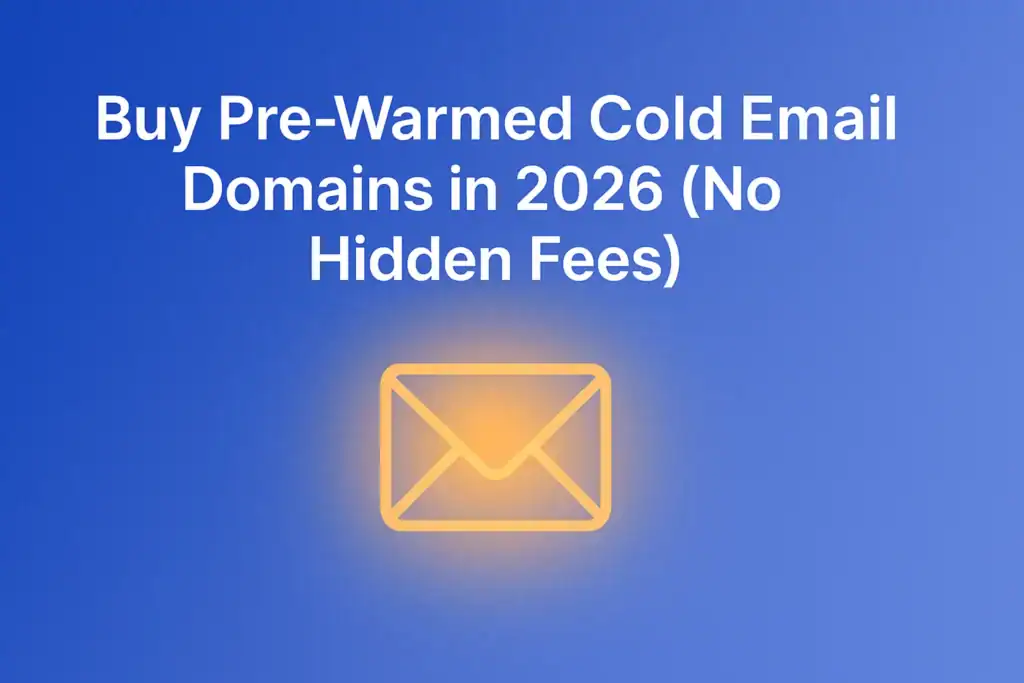 "Buy Pre-Warmed Cold Email Domains in 2026 (No Hidden Fees) - 2560x1440px, large white headline (72-80px bold) at the top with gentle padding, a simplistic graphic of an email envelope icon centered, with warm, gentle glow around it to symbolize 'pre-warming', soft gradient background blending #3657D5 royal blue with lighter periwinkle and pale azure hues, 80px padding from all sides, NOT transparent, embodying a modern, clean aesthetic --ar 16:9"