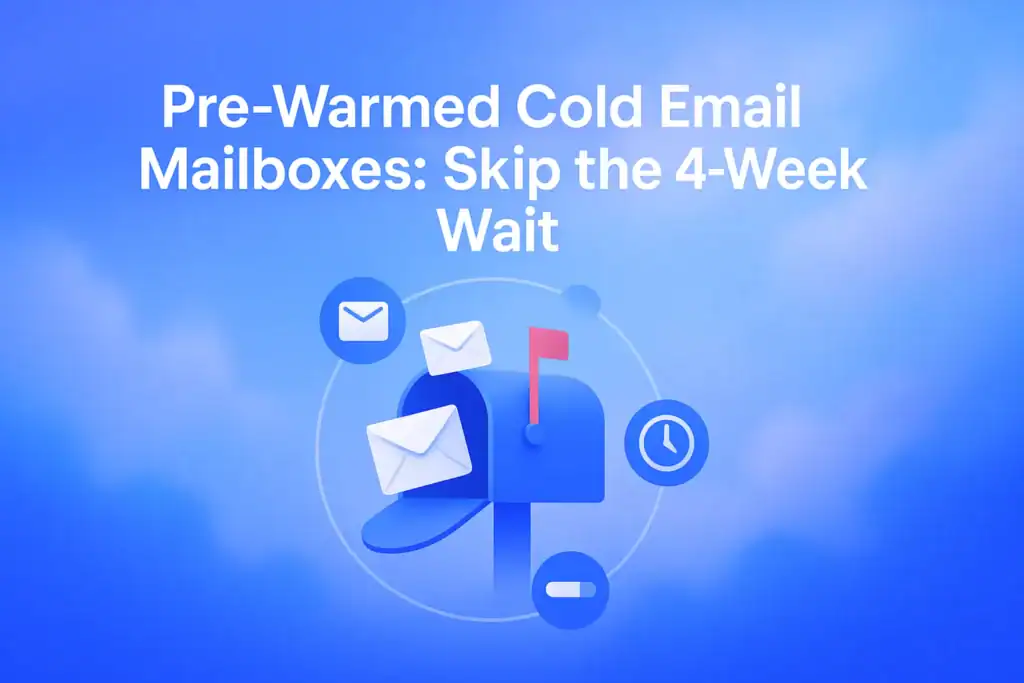 **Image Generation Prompt:** "Pre-Warmed Cold Email Mailboxes: Skip the 4-Week Wait - 2560x1440px, centered white headline (72-80px bold), illustration of a mailbox with outgoing emails symbolizing pre-warming process, overlaying circular orbital icons of email, clock, and progress bar for emphasis, dreamy atmospheric aesthetic with soft cloudy gradient blending #3657D5 royal blue, light periwinkle, and sky blue tones, 80px padding from all sides, NOT transparent, clean modern email marketing theme --ar 16:9" **Gradient Color Palette**: - **Light tones**: Sky blue, periwinkle (#A8BCFF), pale azure - **Core**: #3657D5 (brand blue) - **Deep tones**: Navy (#1E3A8A), deep cobalt, midnight blue