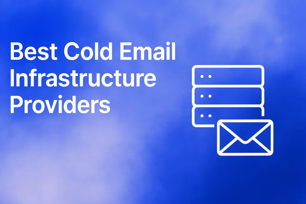 "Best Cold Email Infrastructure Providers - 2560x1440px, large white headline (72-80px bold) on top-left with generous padding, centered minimalistic icon representing an email infrastructure (server icon, email symbol), soft cloudy gradient background blending #3657D5 royal blue, light periwinkle, pale azure, and deep navy, dreamy atmospheric aesthetic, 80px padding from all sides, NOT transparent, clean modern composition --ar 16:9"