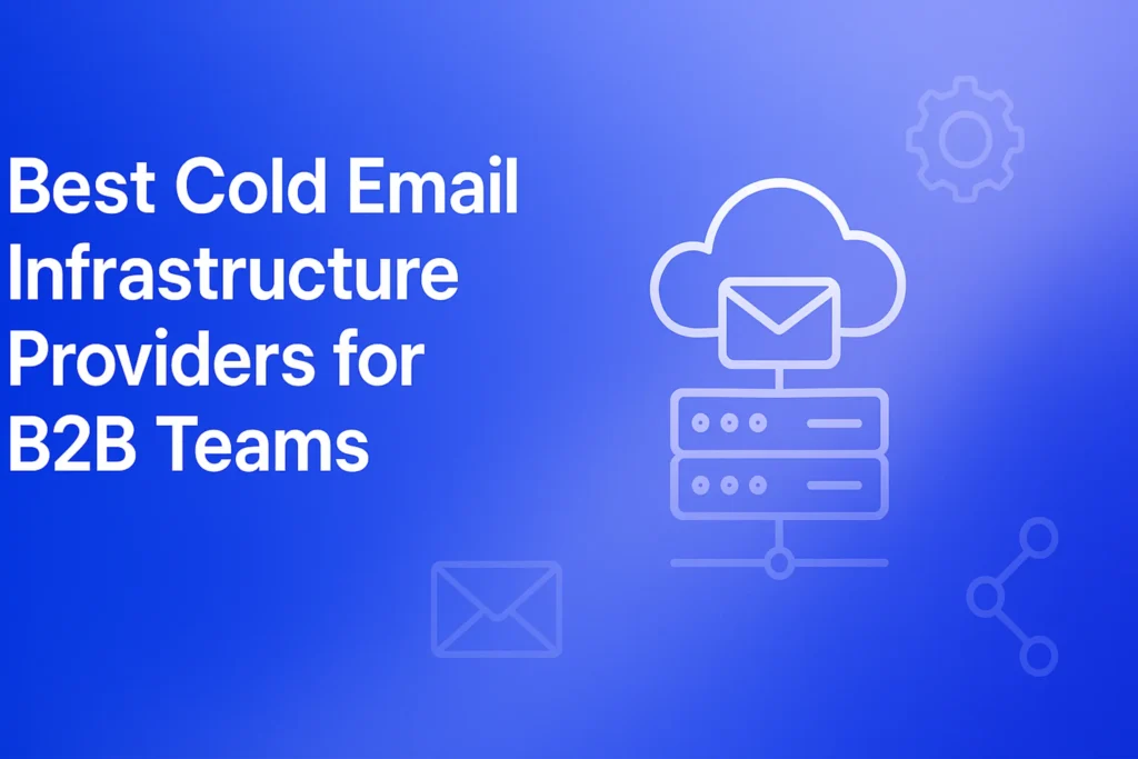 "Best Cold Email Infrastructure Providers for B2B Teams - 2560x1440px, large white headline (72-80px bold) at top left with ample padding, centered minimalistic icon representing email server/cloud infrastructure, subtle accompanying icons around (envelope, gear, network), soft gradient background blending #3657D5 royal blue with light periwinkle and deep navy, dreamy atmospheric aesthetic, 80px padding from all sides, NOT transparent, modern tech-focused composition --ar 16:9"