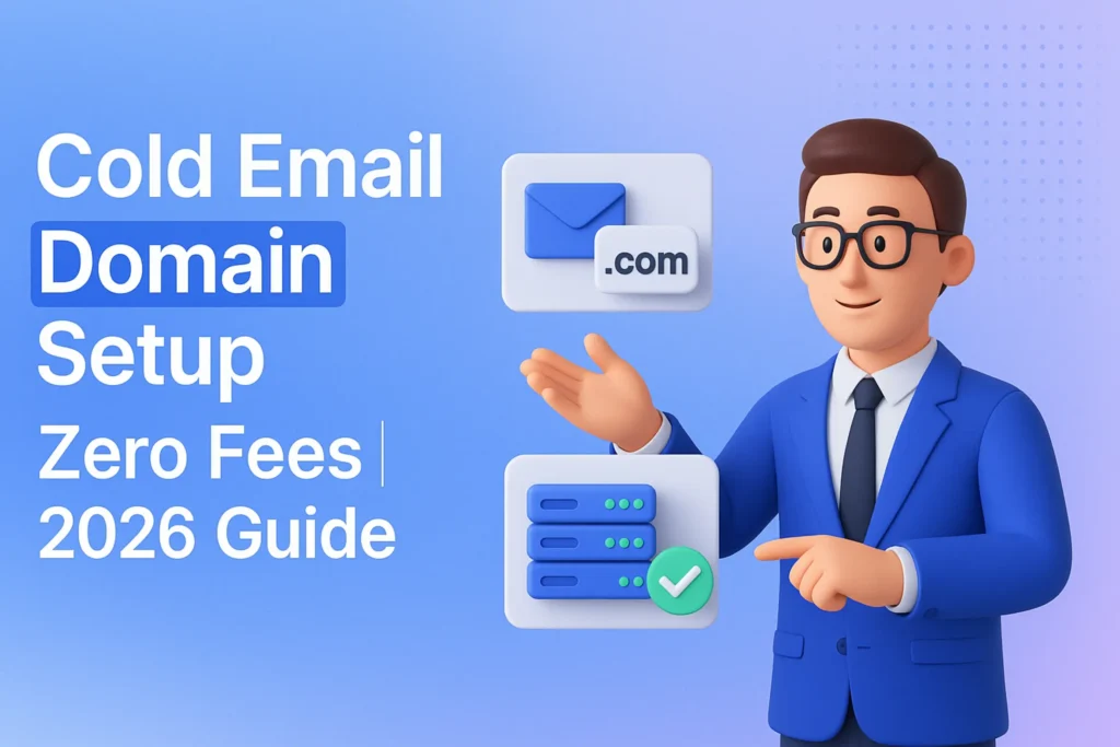 **Style C - 3D Character Illustration:** "Cold Email Domain Setup Zero Fees | 2026 Guide - 2560x1440px, bold headline (72-80px) with key phrase 'Cold Email Domain Setup' highlighted, 3D professional character on the right interacting with floating email domain setup UI elements (envelope, server icon), soft cloudy gradient background blending light blue (#E8EAF6), #3657D5, and lavender tones, subtle dot pattern accent, 80px padding from all sides, NOT transparent, modern and educational aesthetic --ar 16:9"