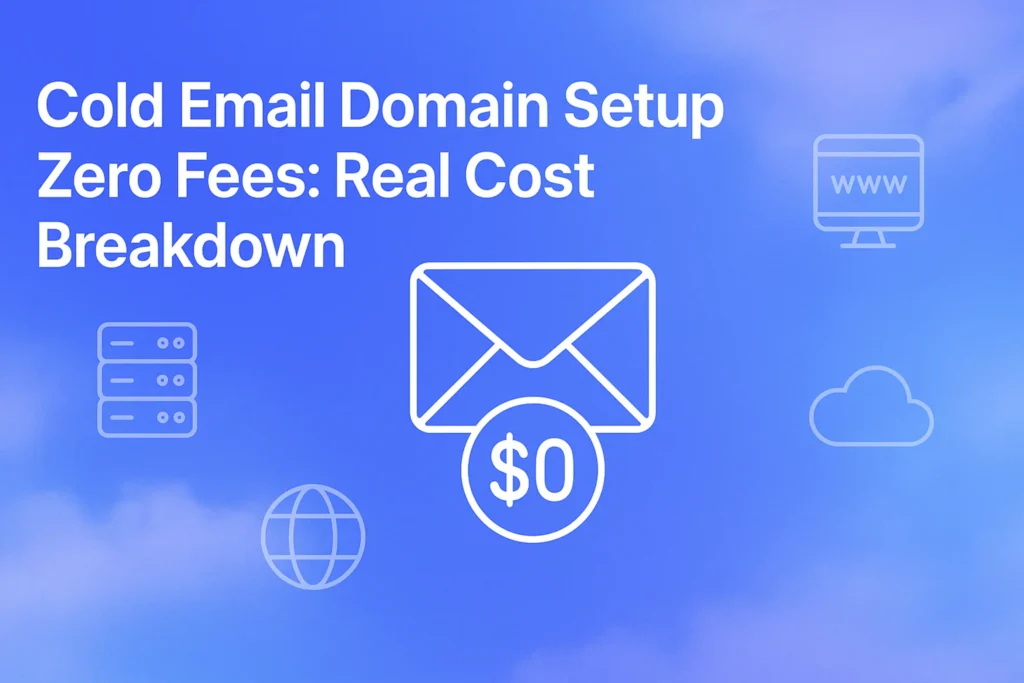 "Cold Email Domain Setup Zero Fees: Real Cost Breakdown - 2560x1440px, large white headline (72-80px bold) on top left with generous padding, central icon of a mail envelope with a zero fee symbol below it, surrounded by minimalistic line art icons representing various email setup elements (server, domain, cloud), soft cloudy gradient background blending shades around #3657D5 royal blue, sky blue and periwinkle, 80px padding from all sides, dreamy atmospheric aesthetic, clean minimalistic design --ar 16:9"