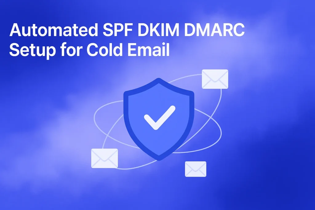 "Automated SPF DKIM DMARC Setup for Cold Email - 2560x1440px, bold white headline (72-80px) at the top left with generous padding, centered illustration of a shield with checkmarks and envelop icons representing email security, orbitals around the shield illustrating SPF, DKIM, DMARC concepts, soft cloudy gradient background blending shades of #3657D5, light periwinkle, and deep navy, dreamy atmospheric aesthetic, 80px padding from all sides, NOT transparent, clean and modern visualization --ar 16:9"