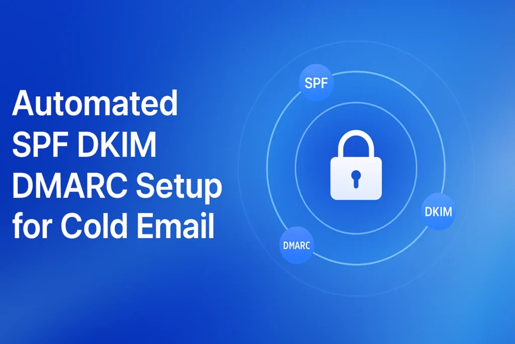 **Style A - Orbital/Icon Design:** "Automated SPF DKIM DMARC Setup for Cold Email - 2560x1440px, large white headline (72-80px bold) on left with generous padding, centered with floating security padlock icon surrounded by concentric circular orbits with floating email and protocol icons (SPF, DKIM, DMARC), minimalistic orbital diagram with meaningful tech icons, soft gradient background blending #3657D5 royal blue, light azure, and navy tones, 80px padding from all sides, NOT transparent, dreamy atmospheric aesthetic --ar 16:9"
