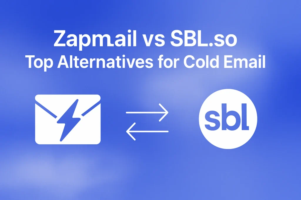 "Zapmail v/s SBL.so - Top Alternatives for Cold Email - 2560x1440px, large white bold headline (72-80px) centered, two contrasting icons: Zapmail and SBL.so at opposite sides, minimalistic line art arrows pointing toward each other representing competition, soft cloudy gradient background blending #3657D5 royal blue, light periwinkle, pale azure, deep navy for depth, clean and uncluttered design with dreamy atmospheric aesthetic, 80px padding from all sides, NOT transparent --ar 16:9"