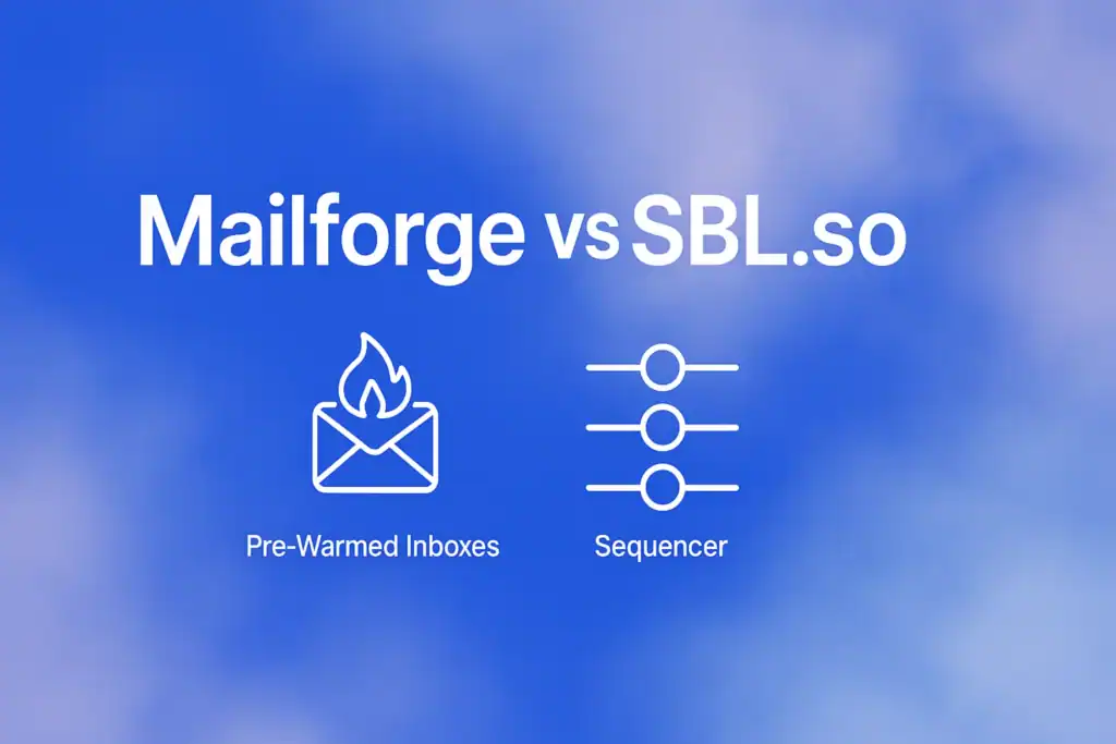 "Mailforge v/s SBL.so - 2560x1440px, bold white headline 'Mailforge v/s SBL.so' centered for emphasis, minimalistic icons illustrating 'Pre-Warmed Inboxes' and 'Sequencer' beneath the text, dreamy soft cloudy gradient background blending #3657D5 royal blue with shades of sky blue and periwinkle, ensure generous 80px padding from all sides, NOT transparent, clean modern aesthetic --ar 16:9"