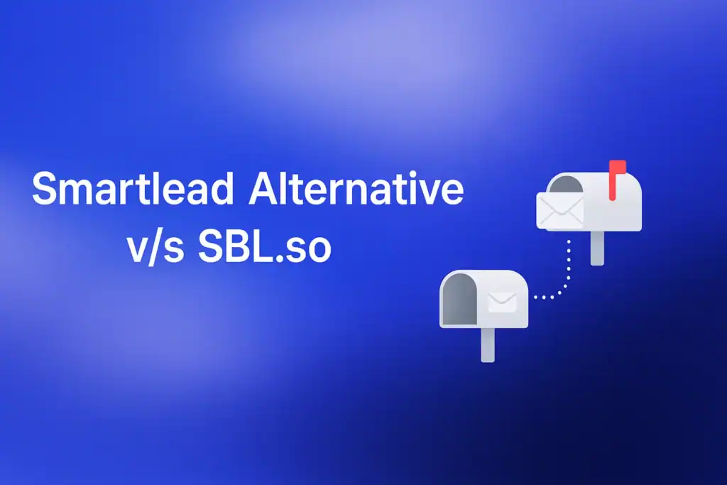 "Smartlead Alternative v/s SBL.so - 2560x1440px, centered white headline (72-80px bold) with key phrase 'Smartlead Alternative v/s SBL.so', simple minimalistic icon representation of mailboxes on the right, connected with dotted lines showing integration, soft cloudy gradient background blending #3657D5 royal blue, light periwinkle, and deep navy tones for a dreamy atmospheric aesthetic, 80px padding from all sides, NOT transparent, clean modern composition --ar 16:9"