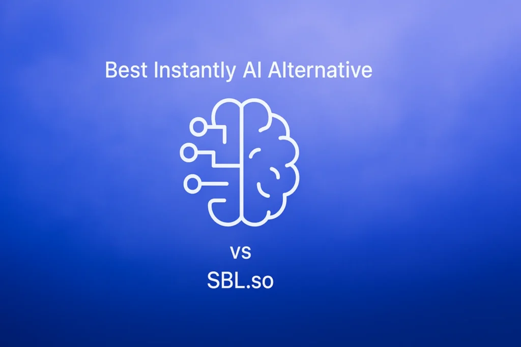 **Style E - Centered Icon Minimal:** "Best Instantly AI Alternative v/s SBL.so - 2560x1440px, single large white AI brain icon centered (minimalistic line art style), soft cloudy gradient blending #3657D5 royal blue, light periwinkle, pale azure, and deep navy, dreamy atmospheric aesthetic, 80px padding from all sides, NOT transparent, clean abstract composition --ar 16:9"