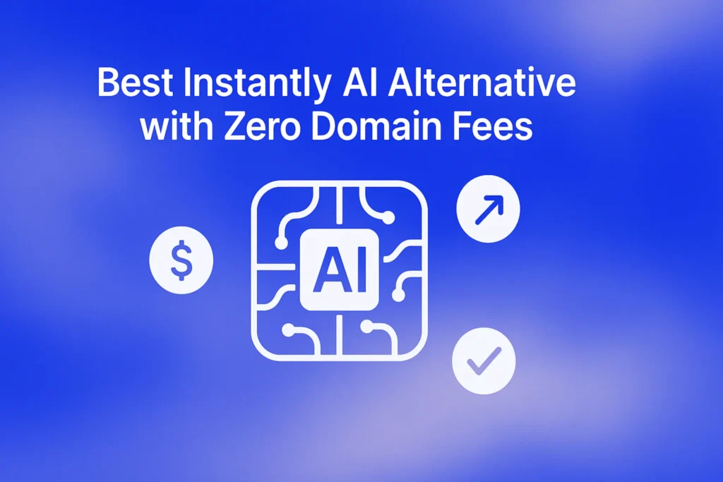 "Best Instantly AI Alternative with Zero Domain Fees - 2560x1440px, bold white headline (72-80px) for strong visibility, centered icon representing 'AI' using modern abstract design, floating graphic elements indicating cost savings and efficient alternatives, soft cloudy gradient background blending #3657D5 royal blue, pale azure, and deep navy, dreamy atmospheric aesthetic, 80px padding from all sides, NOT transparent, minimalistic and impactful composition --ar 16:9"