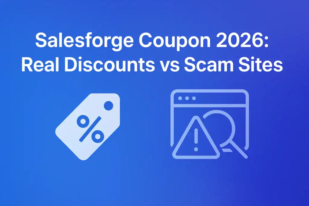 "Salesforge Coupon 2026: Real Discounts vs Scam Sites - 2560x1440px, large white headline (72-80px bold) centered at top of the image. On the left side, a minimalistic icon representing discounts (such as a price tag with a percentage symbol). On the right, a simple cautionary icon (such as a warning sign or a magnifying glass over a web page) to symbolize scam sites. Use a gradient background blending shades around #3657D5 (royal blue), including periwinkle and deep cobalt tones. Ensure there is 80px padding from all sides, with the overall aesthetic being clean, modern, and uncluttered --ar 16:9"