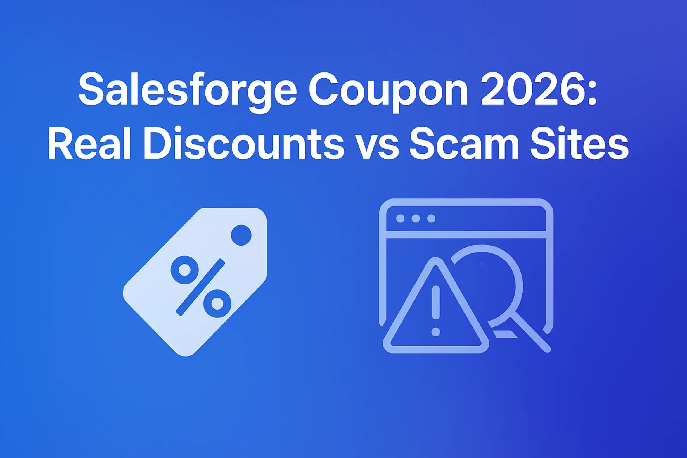 "Salesforge Coupon 2026: Real Discounts vs Scam Sites - 2560x1440px, large white headline (72-80px bold) centered at top of the image. On the left side, a minimalistic icon representing discounts (such as a price tag with a percentage symbol). On the right, a simple cautionary icon (such as a warning sign or a magnifying glass over a web page) to symbolize scam sites. Use a gradient background blending shades around #3657D5 (royal blue), including periwinkle and deep cobalt tones. Ensure there is 80px padding from all sides, with the overall aesthetic being clean, modern, and uncluttered --ar 16:9"