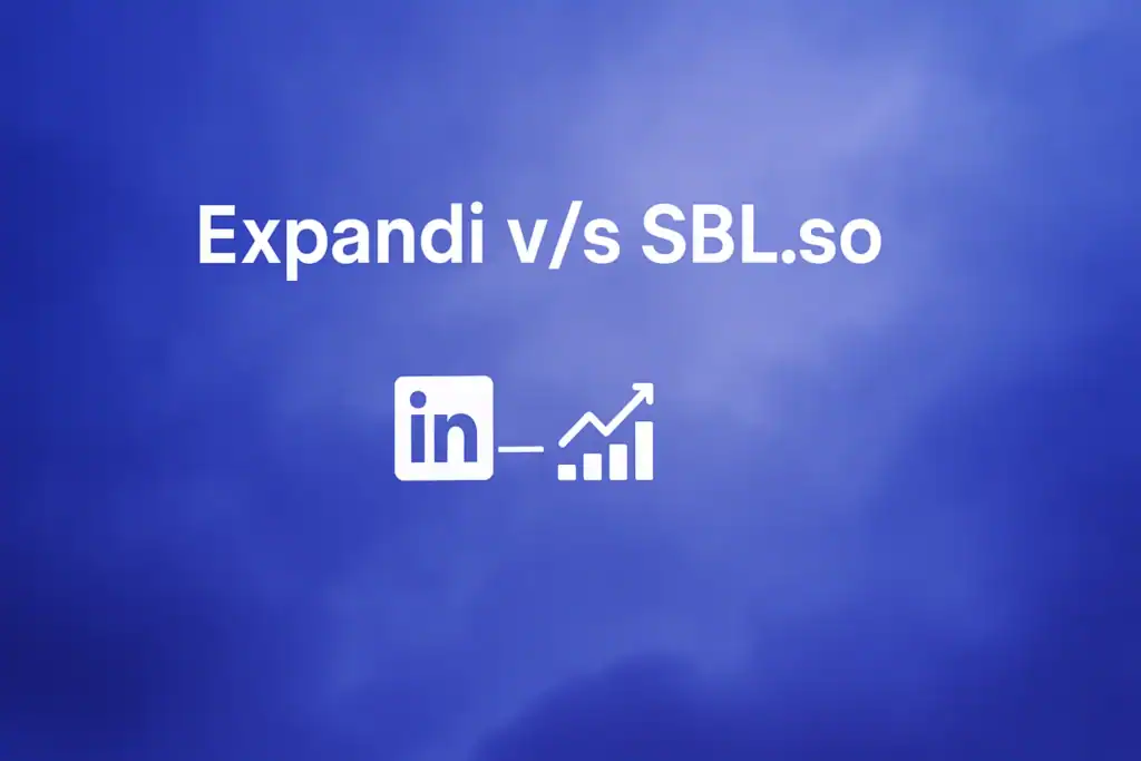 "Expandi vs PhantomBuster - 2560x1440px, centered bold white headline 'Expandi v/s SBL.so', soft cloudy gradient background blending #3657D5 royal blue, light periwinkle, and deep navy shades, minimalistic icon or subtle chart representation to symbolize LinkedIn tools, dreamy atmospheric aesthetic, generous 80px padding from all sides, NOT transparent --ar 16:9"