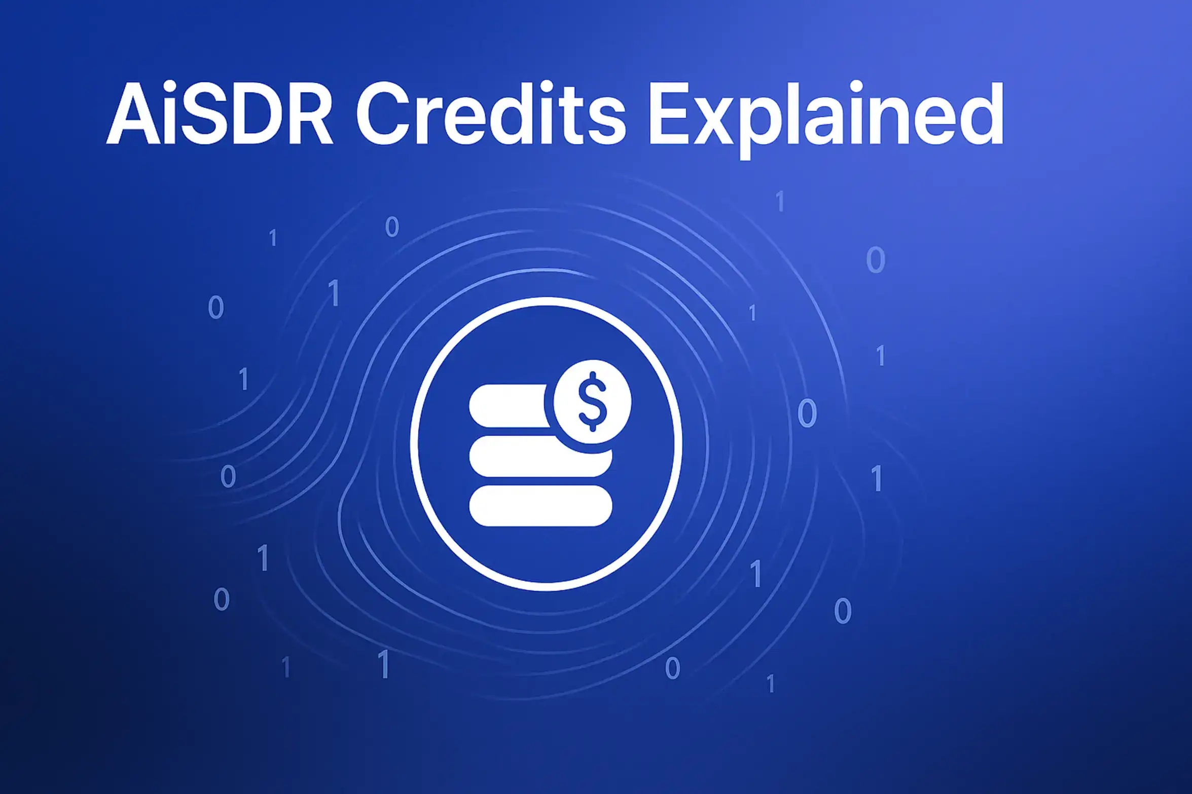 "**AiSDR Credits Explained** - 2560x1440px, large white headline (72-80px) at the top with generous padding, centered circular icon representing data credits, surrounded by dynamic swirling lines to indicate flow and movement, minimalistic digital elements such as binary digits gently orbiting, soft gradient background blending #3657D5, light periwinkle, and deep navy tones, 80px padding from all sides, NOT transparent, dreamlike atmospheric design, modern tech aesthetic --ar 16:9"