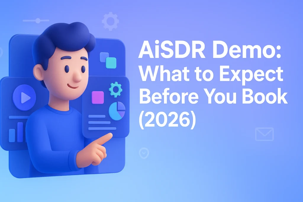 **Style C - 3D Character Illustration**: "AiSDR Demo: What to Expect Before You Book (2026) - 2560x1440px, bold white headline (72-80px) with key phrase 'AiSDR Demo' highlighted, 3D character on the left engaging with a virtual demo screen displaying interactive digital elements, subtle futuristic icons floating around, soft gradient background blending light blue (#E8EAF6), #3657D5, and lavender tones, dreamy atmospheric feel, 80px padding from all sides, NOT transparent, modern friendly aesthetic --ar 16:9" **Gradient Color Palette**: - Sky blue, periwinkle (#A8BCFF), pale azure - Core: #3657D5 (brand blue) - Deep: Navy (#1E3A8A), deep cobalt, midnight blue