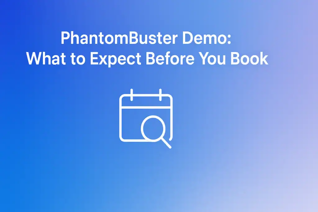 "PhantomBuster Demo: What to Expect Before You Book - 2560x1440px, large white headline (72-80px bold) at top center with generous padding, centered minimalistic icon of a magnifying glass over a calendar or booking symbol, representing demo and scheduling theme, soft gradient background blending shades of #3657D5 royal blue, light periwinkle, and pale azure, 80px padding from all sides, NOT transparent, dreamy atmospheric aesthetic, clean and uncluttered composition --ar 16:9"